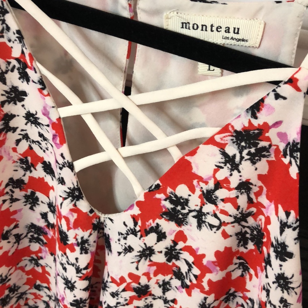 Floral layered look, take top, like new, red, cream, black, pink sz L - Picture 2 of 6